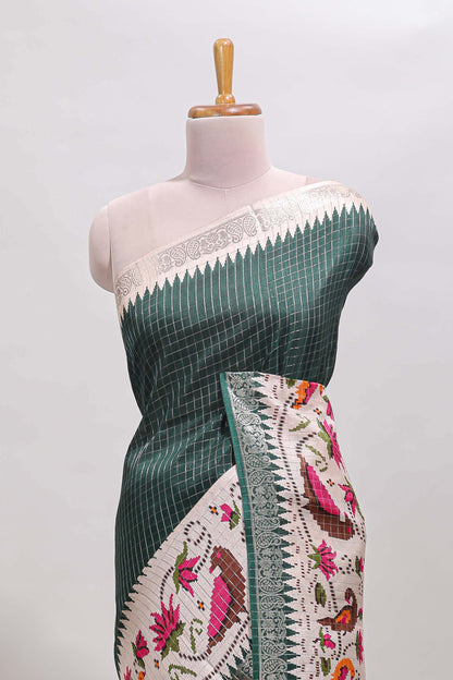 Green checked ikkat style birds & floral design chanderi cotton saree with self border and contrast blouse