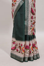 Green checked ikkat style birds & floral design chanderi cotton saree with self border and contrast blouse