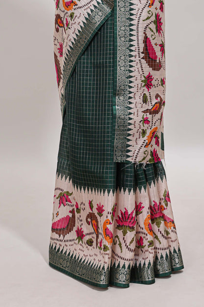 Green checked ikkat style birds & floral design chanderi cotton saree with self border and contrast blouse