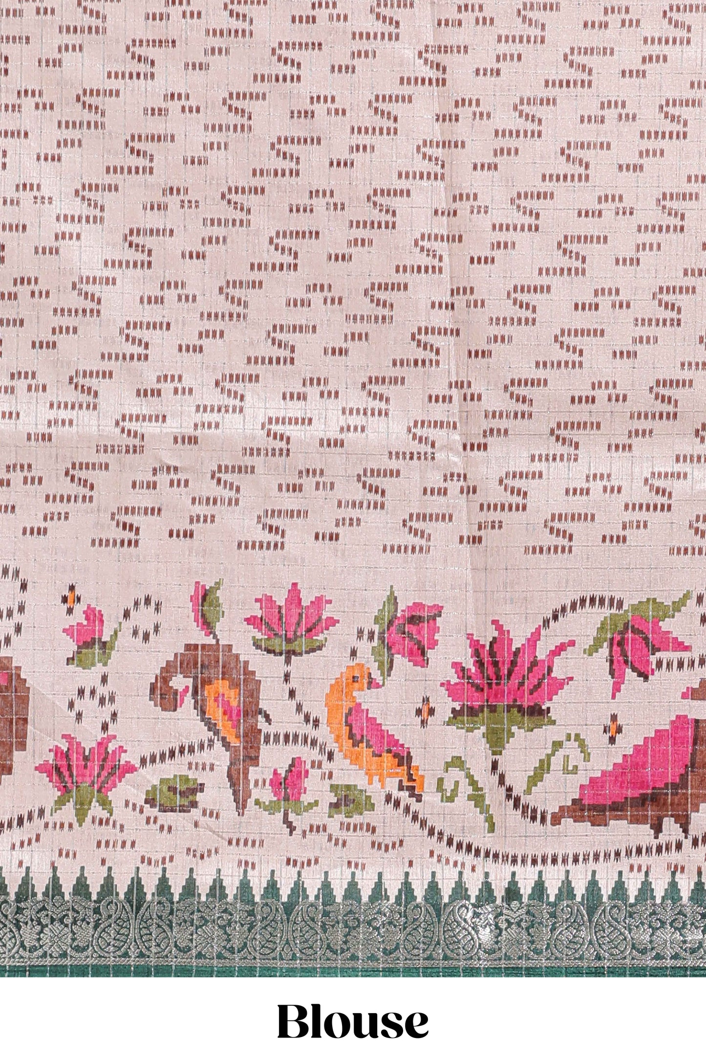 Green checked ikkat style birds & floral design chanderi cotton saree with self border and contrast blouse