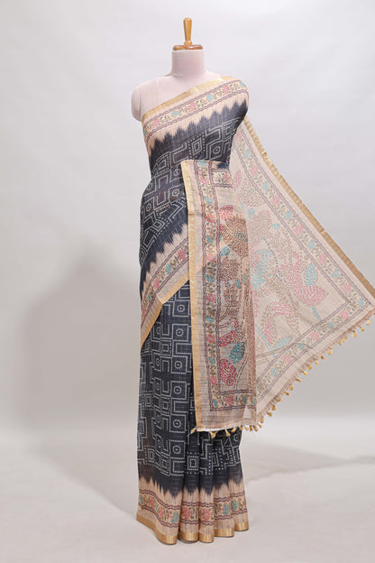 Grey bhandhini style geometric design chanderi cotton saree with contrast border and blouse