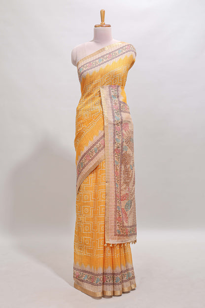 Yellow bhandhini style geometric design chanderi cotton saree with contrast border and blouse