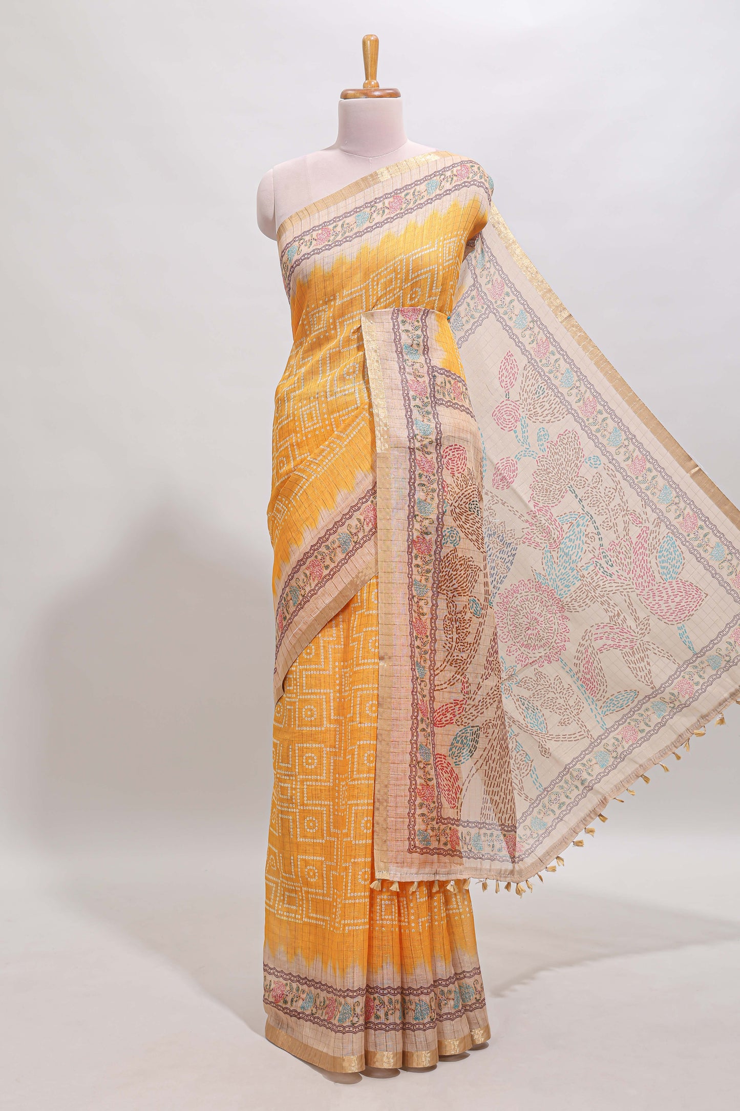 Yellow bhandhini style geometric design chanderi cotton saree with contrast border and blouse
