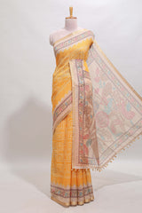 Yellow bhandhini style geometric design chanderi cotton saree with contrast border and blouse