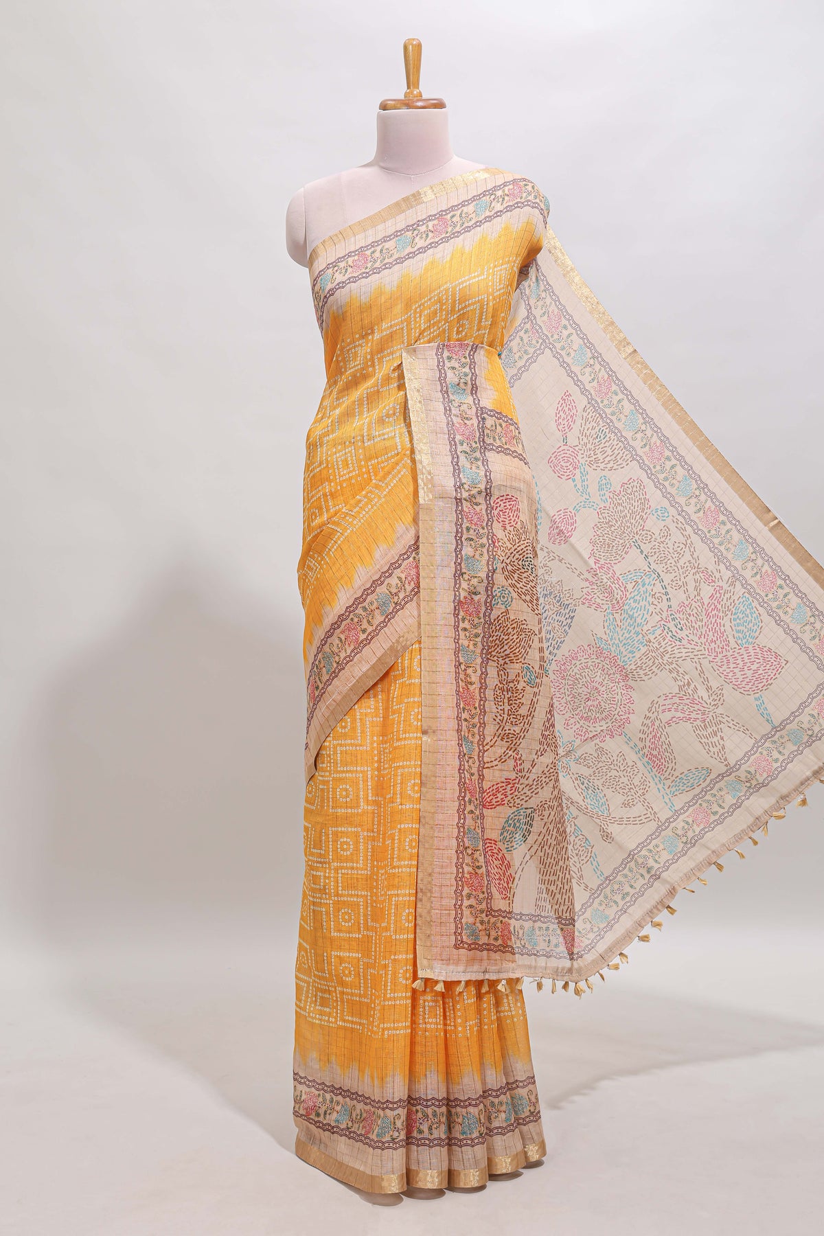 Yellow bhandhini style geometric design chanderi cotton saree with contrast border and blouse