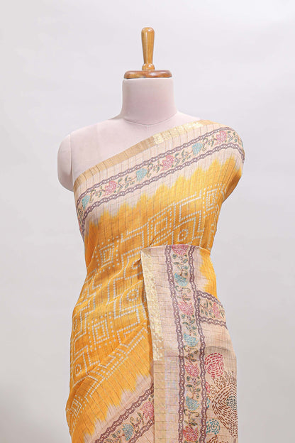 Yellow bhandhini style geometric design chanderi cotton saree with contrast border and blouse