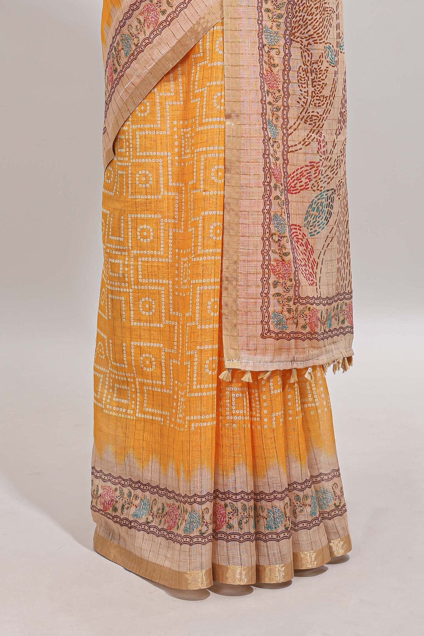 Yellow bhandhini style geometric design chanderi cotton saree with contrast border and blouse