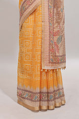 Yellow bhandhini style geometric design chanderi cotton saree with contrast border and blouse