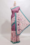 Onion pink checked birds & floral design chanderi cotton saree with contrast border and printed blouse