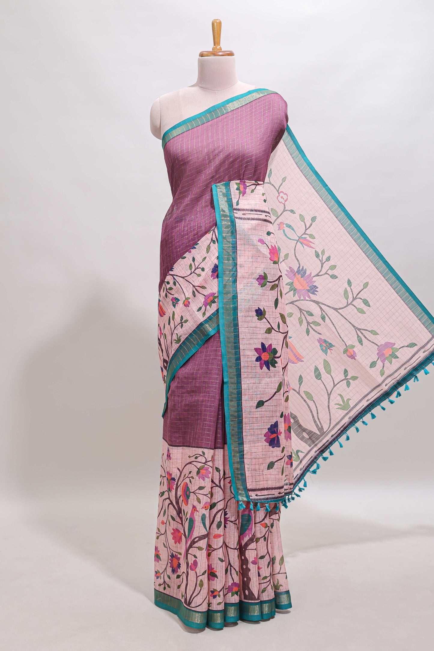 Onion pink checked birds & floral design chanderi cotton saree with contrast border and printed blouse