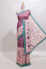 Onion pink checked birds & floral design chanderi cotton saree with contrast border and printed blouse