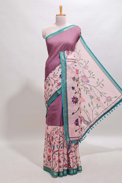 Onion pink checked birds & floral design chanderi cotton saree with contrast border and printed blouse