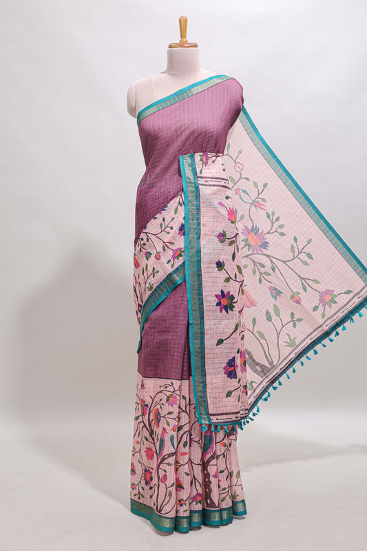 Onion pink checked birds & floral design chanderi cotton saree with contrast border and printed blouse