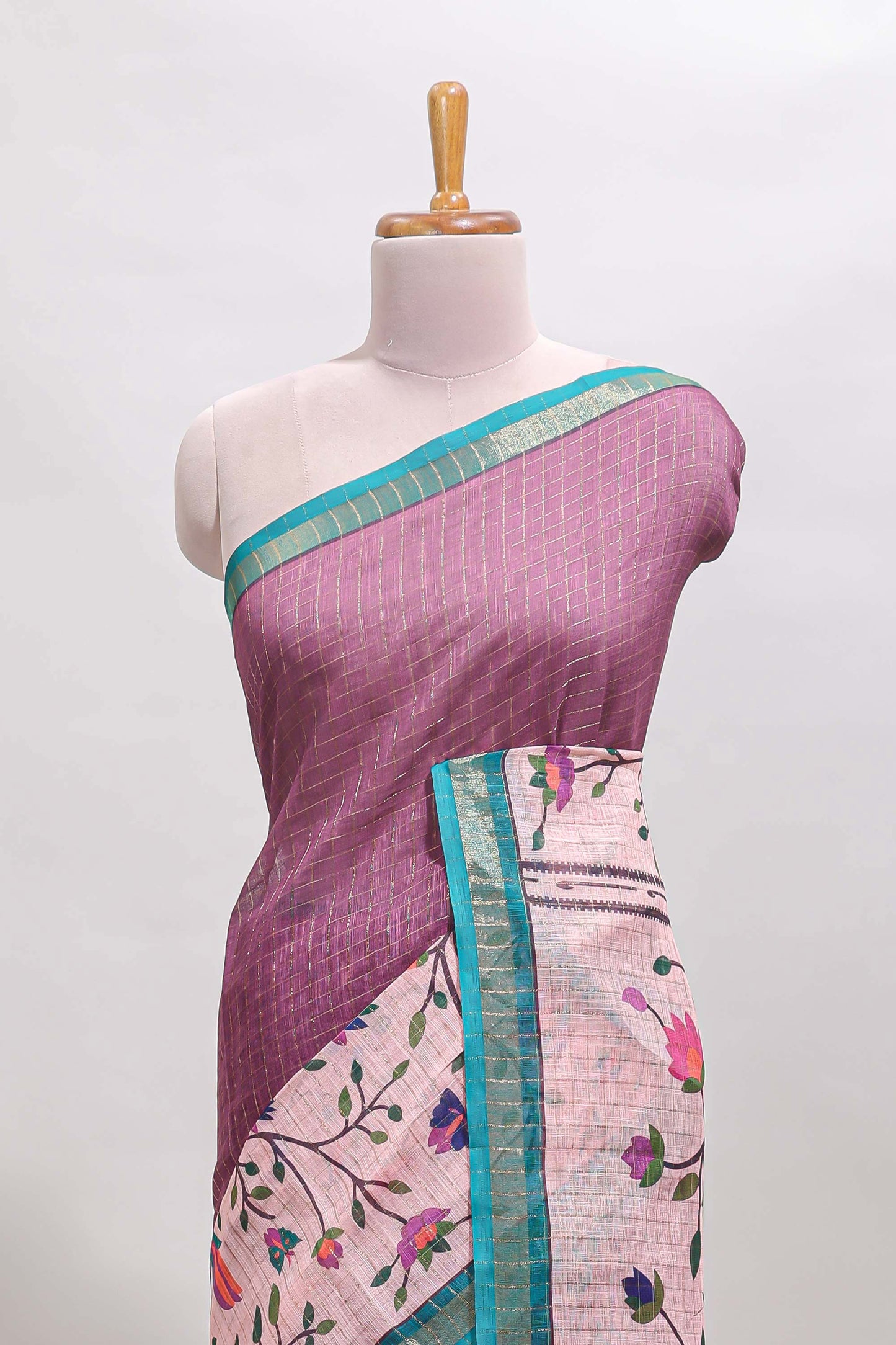 Onion pink checked birds & floral design chanderi cotton saree with contrast border and printed blouse