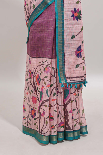 Onion pink checked birds & floral design chanderi cotton saree with contrast border and printed blouse