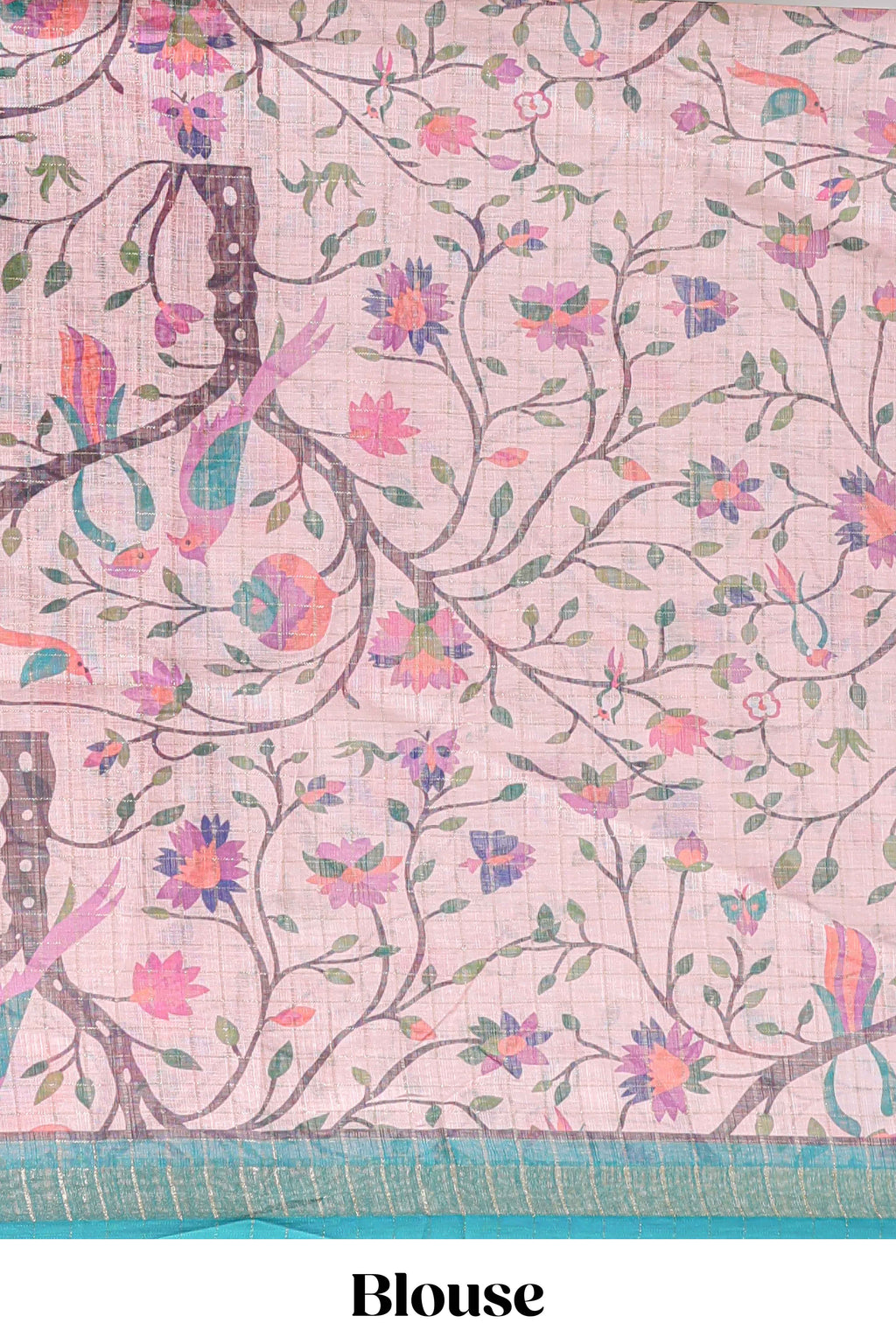Onion pink checked birds & floral design chanderi cotton saree with contrast border and printed blouse