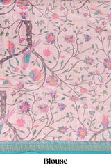 Onion pink checked birds & floral design chanderi cotton saree with contrast border and printed blouse