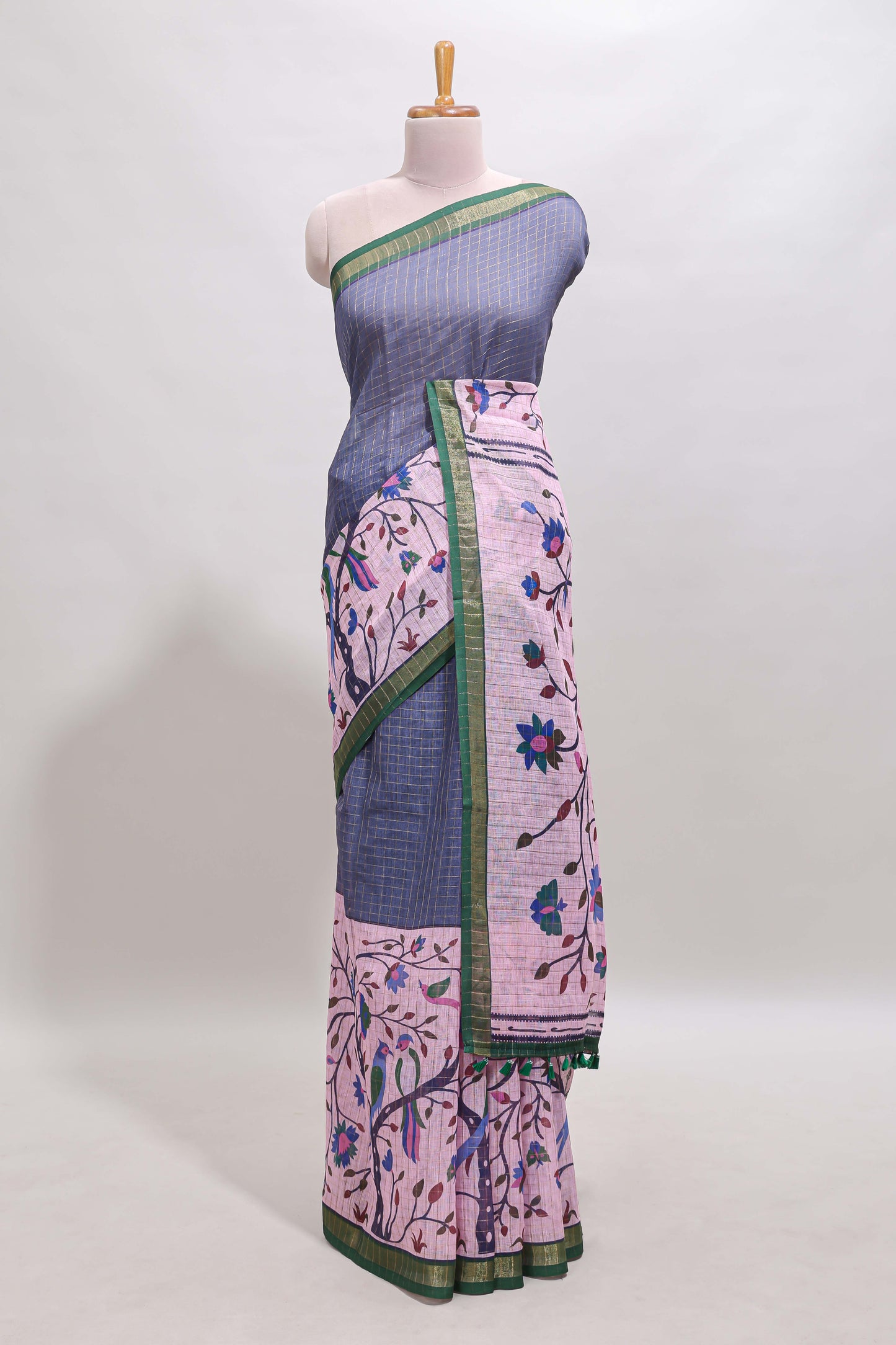 Lavender checked birds & floral design chanderi cotton saree with contrast border and printed blouse
