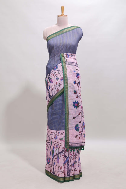 Lavender checked birds & floral design chanderi cotton saree with contrast border and printed blouse