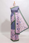 Lavender checked birds & floral design chanderi cotton saree with contrast border and printed blouse