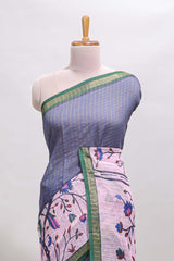 Lavender checked birds & floral design chanderi cotton saree with contrast border and printed blouse