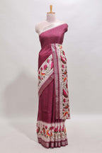 Maroon checked ikkat style birds & floral design chanderi cotton saree with self border and contrast blouse
