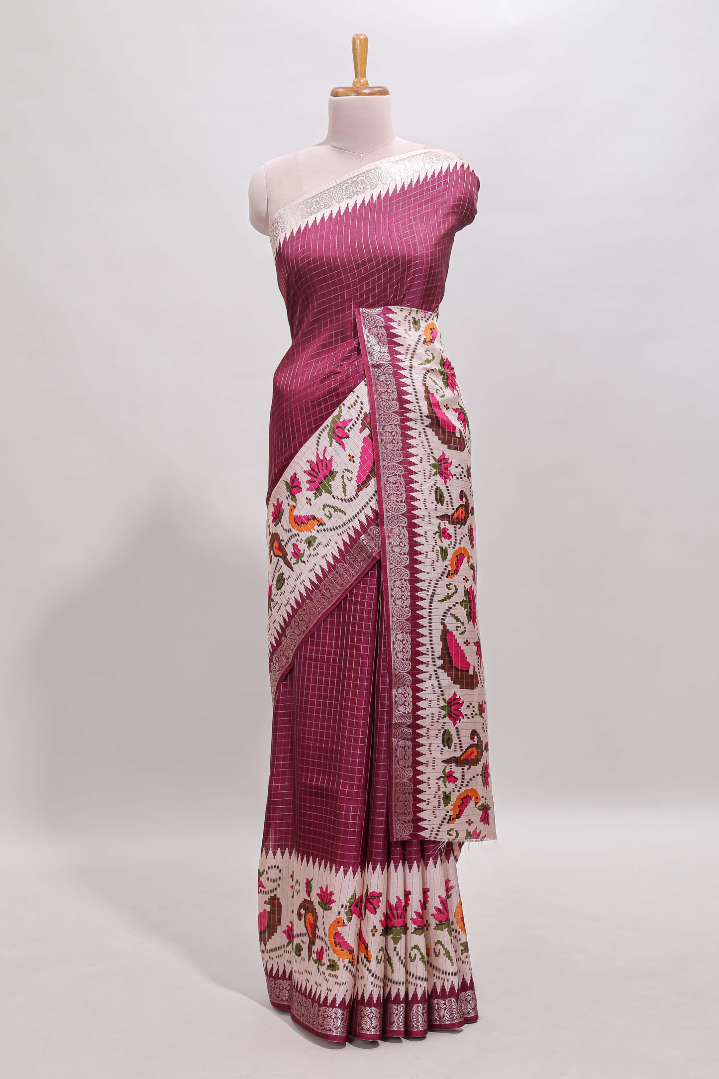 Maroon checked ikkat style birds & floral design chanderi cotton saree with self border and contrast blouse