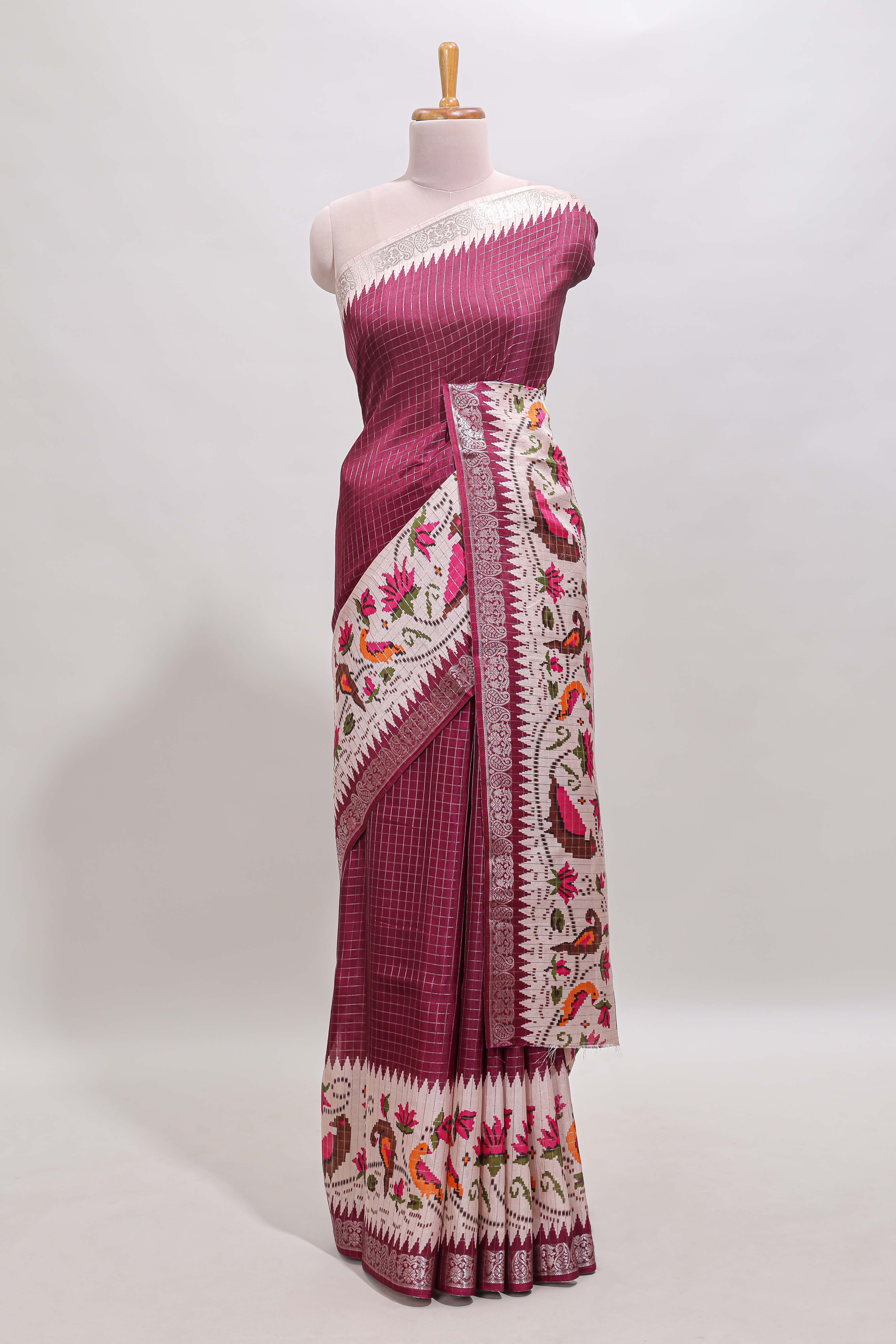 Maroon checked ikkat style birds & floral design chanderi cotton saree with self border and contrast blouse