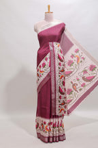 Maroon checked ikkat style birds & floral design chanderi cotton saree with self border and contrast blouse