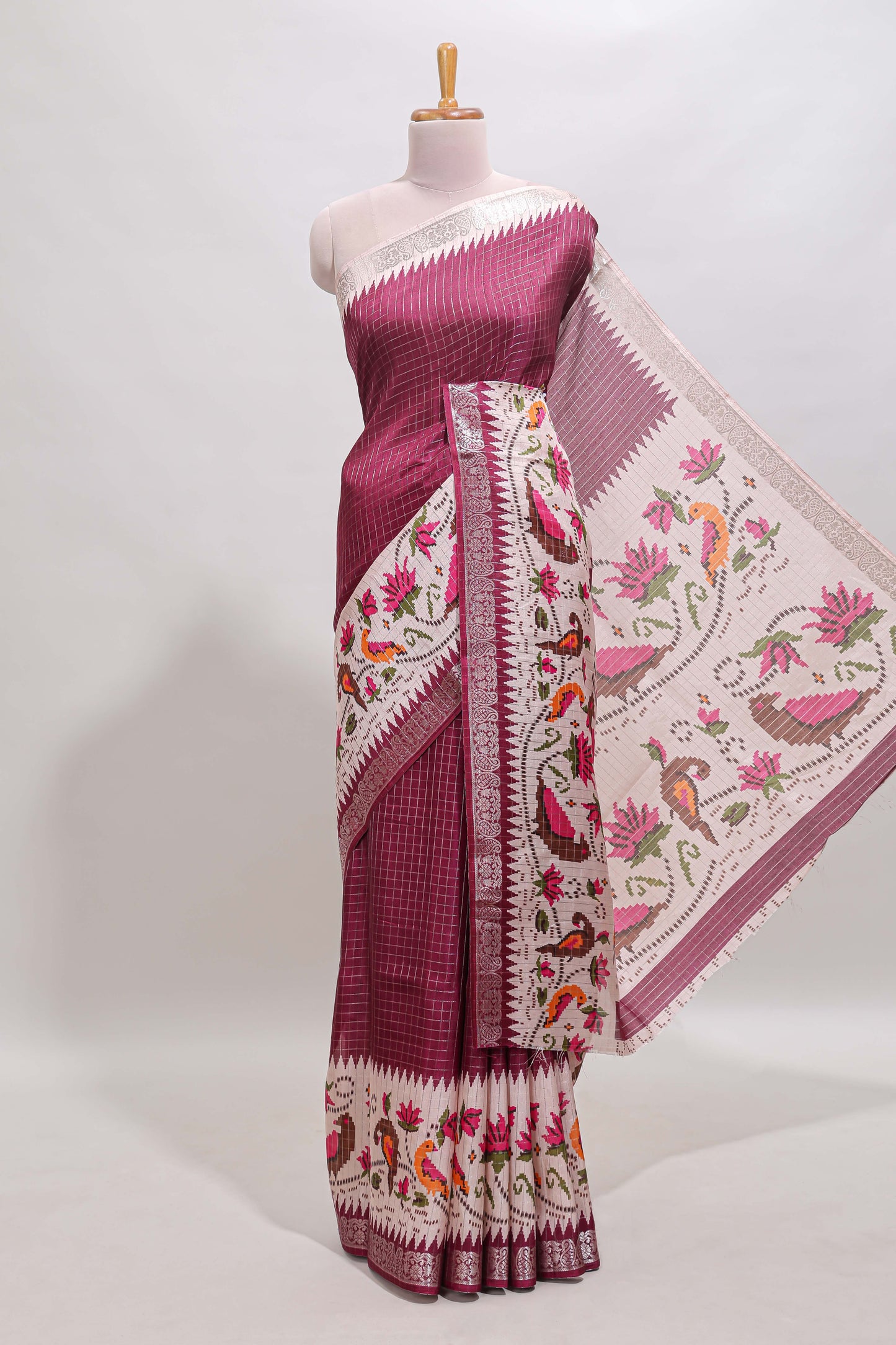 Maroon checked ikkat style birds & floral design chanderi cotton saree with self border and contrast blouse