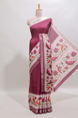 Maroon checked ikkat style birds & floral design chanderi cotton saree with self border and contrast blouse