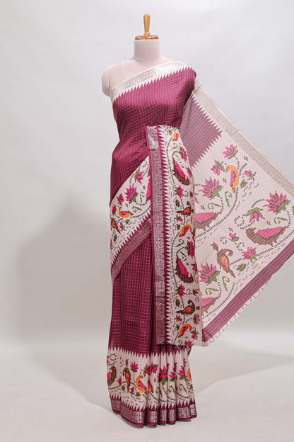 Maroon checked ikkat style birds & floral design chanderi cotton saree with self border and contrast blouse