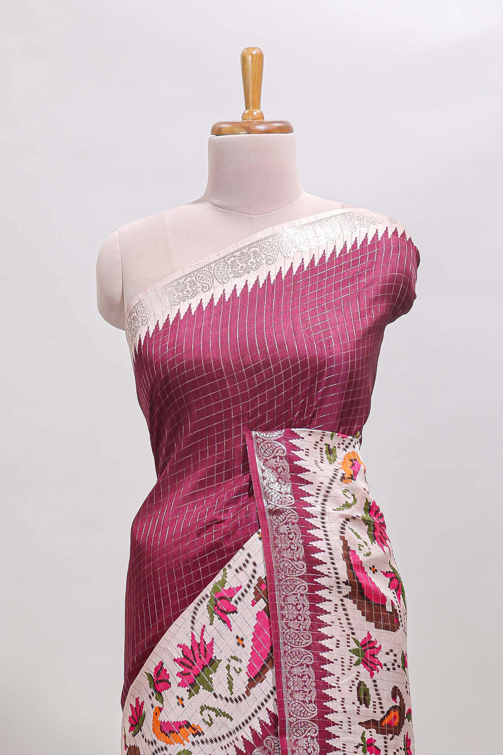 Maroon checked ikkat style birds & floral design chanderi cotton saree with self border and contrast blouse