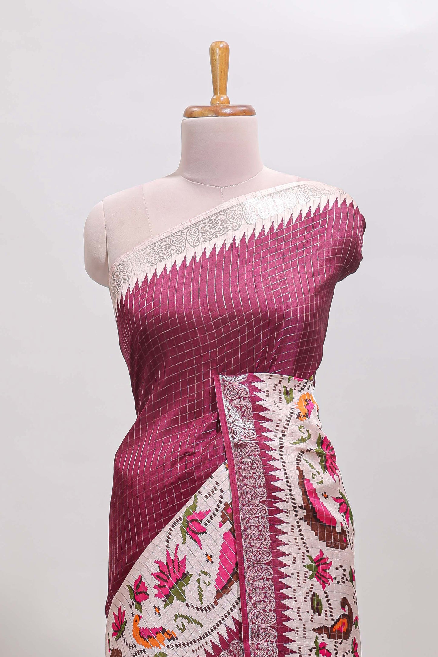 Maroon checked ikkat style birds & floral design chanderi cotton saree with self border and contrast blouse