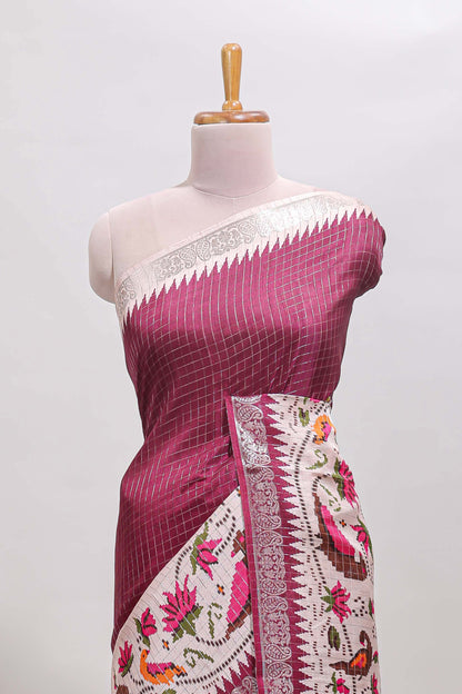 Maroon checked ikkat style birds & floral design chanderi cotton saree with self border and contrast blouse