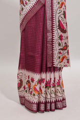 Maroon checked ikkat style birds & floral design chanderi cotton saree with self border and contrast blouse
