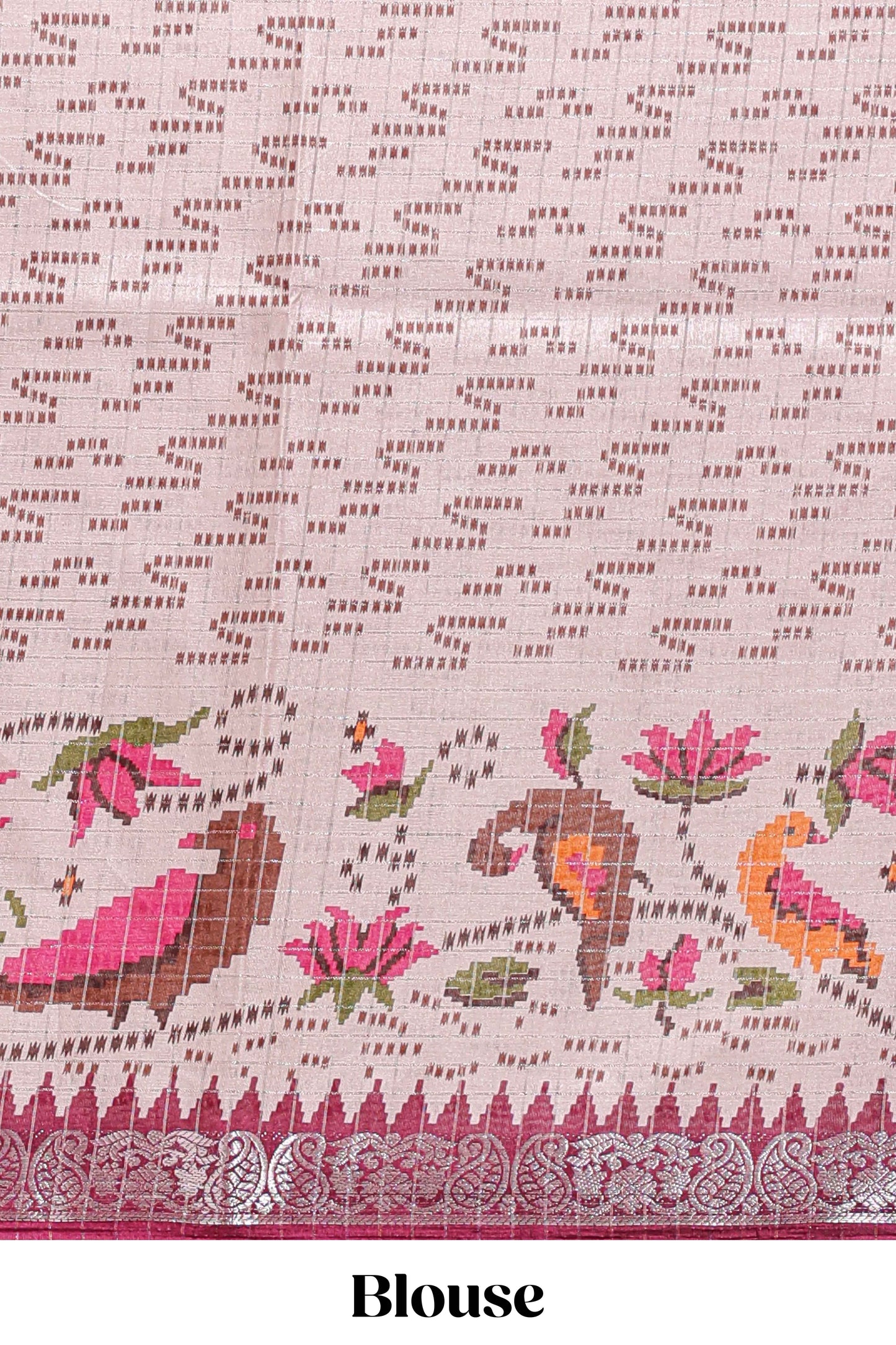 Maroon checked ikkat style birds & floral design chanderi cotton saree with self border and contrast blouse