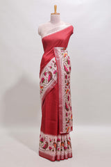 Red checked ikkat style birds & floral design chanderi cotton saree with self border and contrast blouse