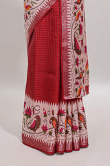 Red checked ikkat style birds & floral design chanderi cotton saree with self border and contrast blouse