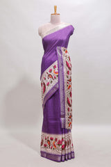 Violet checked ikkat style birds & floral design chanderi cotton saree with self border and contrast blouse