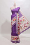 Violet checked ikkat style birds & floral design chanderi cotton saree with self border and contrast blouse