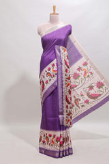 Violet checked ikkat style birds & floral design chanderi cotton saree with self border and contrast blouse