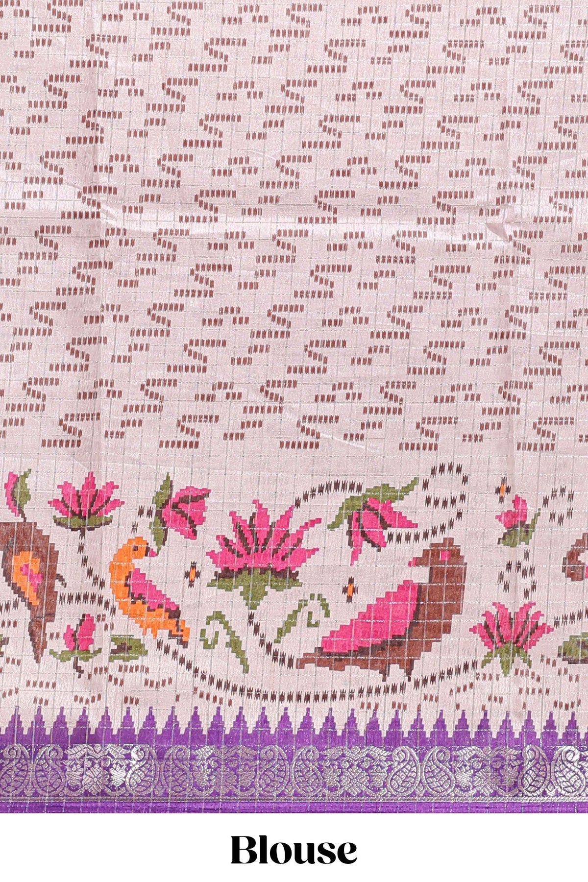 Violet checked ikkat style birds & floral design chanderi cotton saree with self border and contrast blouse