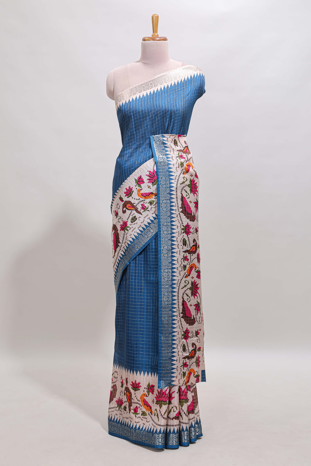 Midnight blue checked ikkat style birds & floral design chanderi cotton saree with self border and contrast blouse