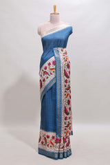 Midnight blue checked ikkat style birds & floral design chanderi cotton saree with self border and contrast blouse