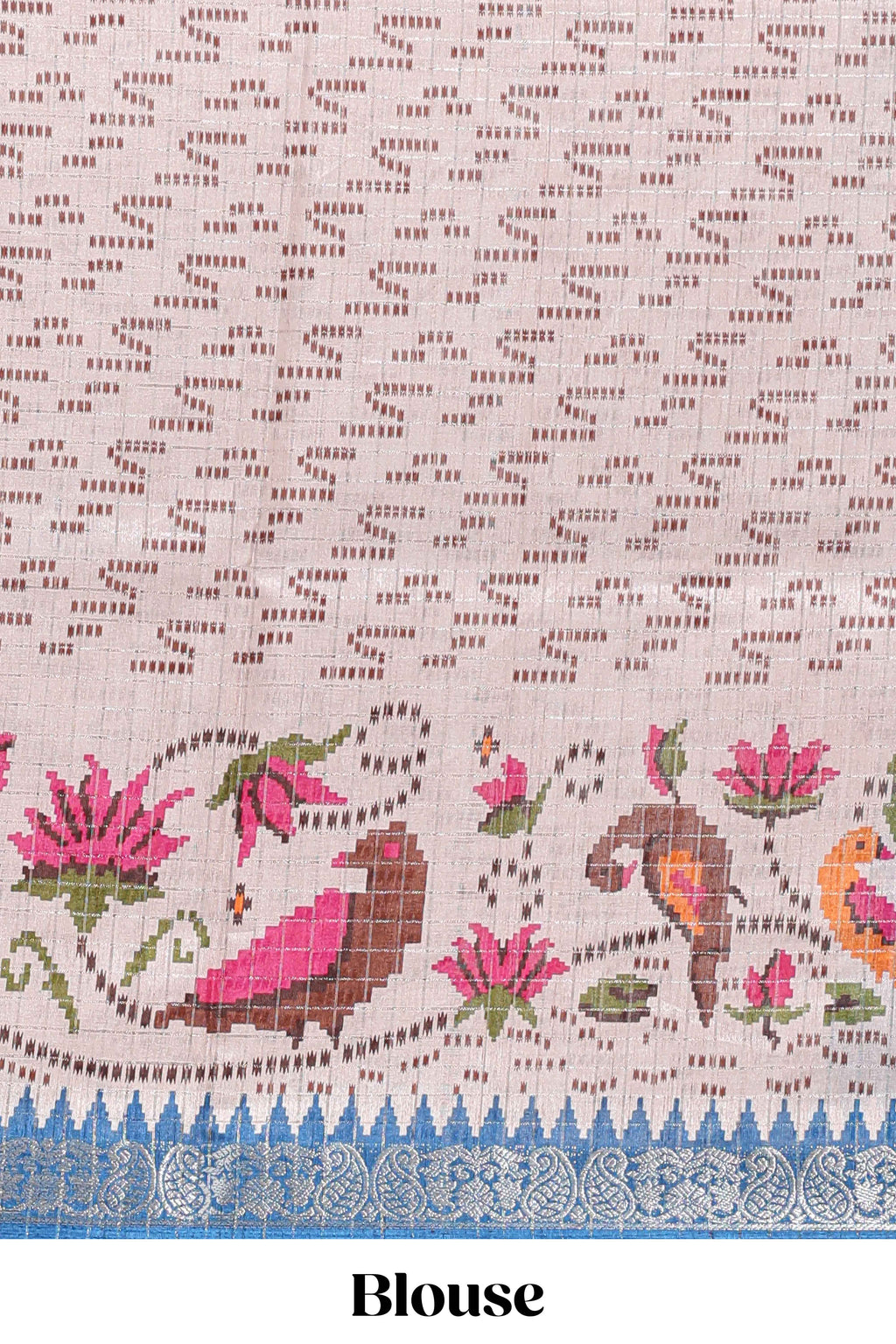 Midnight blue checked ikkat style birds & floral design chanderi cotton saree with self border and contrast blouse