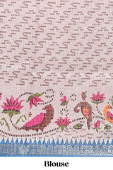 Midnight blue checked ikkat style birds & floral design chanderi cotton saree with self border and contrast blouse