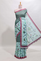 Green checked birds & floral design chanderi cotton saree with contrast border and printed blouse