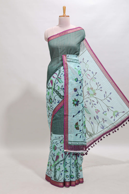 Green checked birds & floral design chanderi cotton saree with contrast border and printed blouse