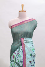 Green checked birds & floral design chanderi cotton saree with contrast border and printed blouse